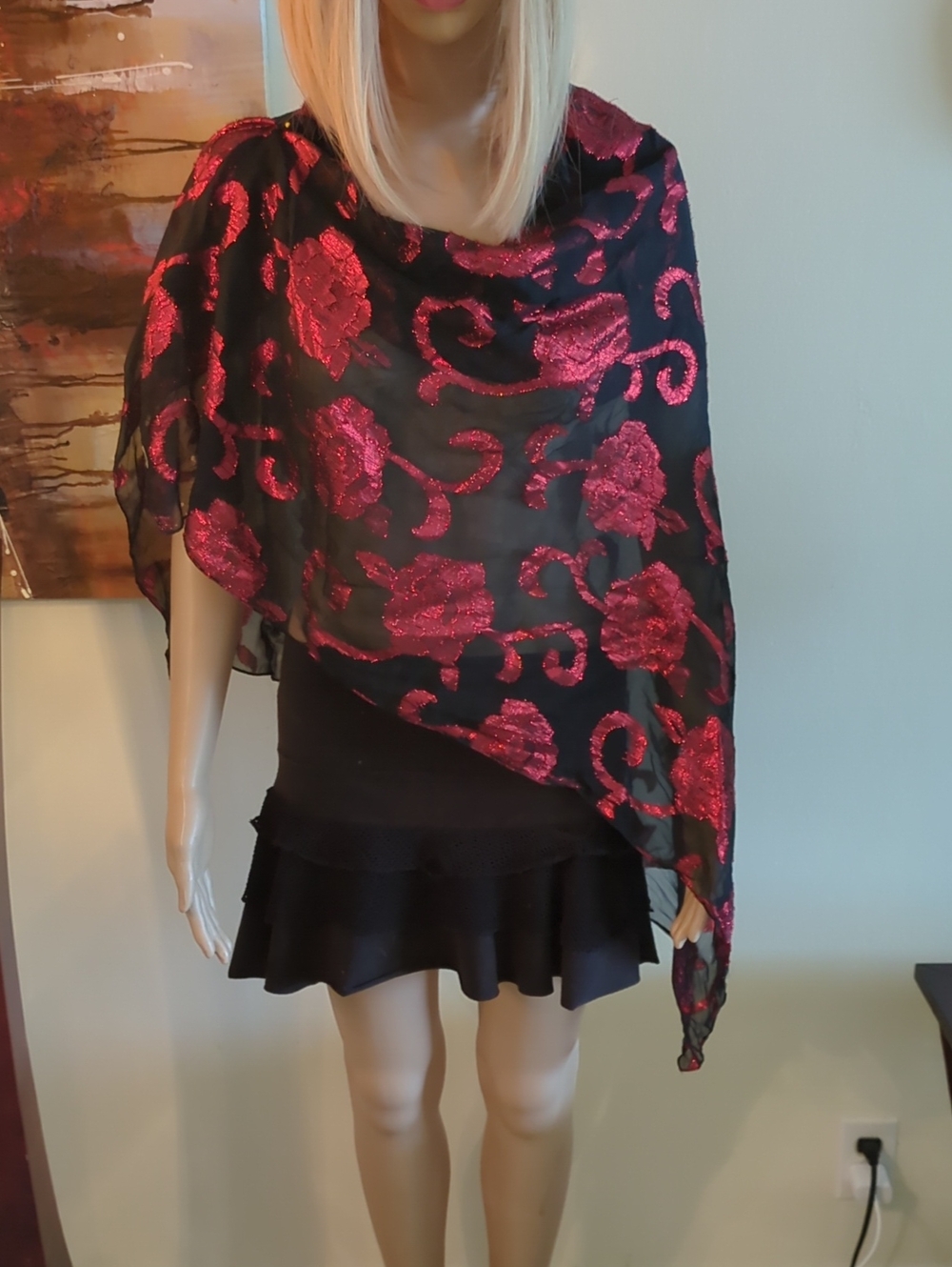 Black Sheer Scarf with Shimmering Red Floral Design
